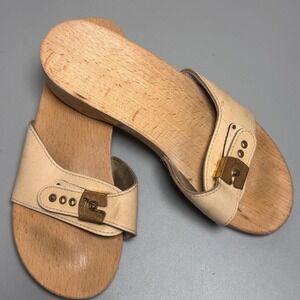 Scholl Vintage Wooden Clogs Sandals Cream‎ Leather Buckle Platform Womens Size 6